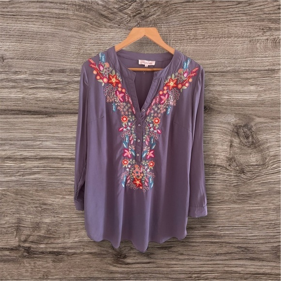 Solitaire Dove Tea Time Garden Tunic top dress gray embroidery colorful size L - Picture 2 of 16